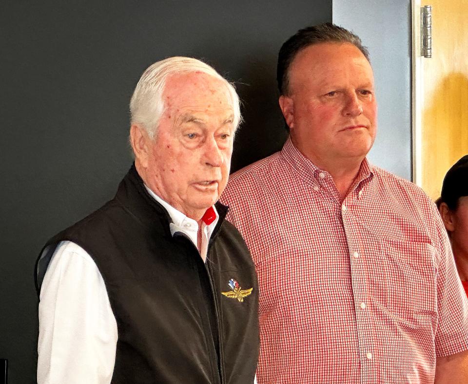 IndyCar owner Roger Penske, left, joins Track Entrerprises President Bob Sargent at a drivers meeting Sunday, June 18, 2023, at the Milwaukee Mile in West Allis, Wisconsin. The ASA STARS National Tour, founded by Sargent, and ASA Midwest Tour headlined a racing program at the track.