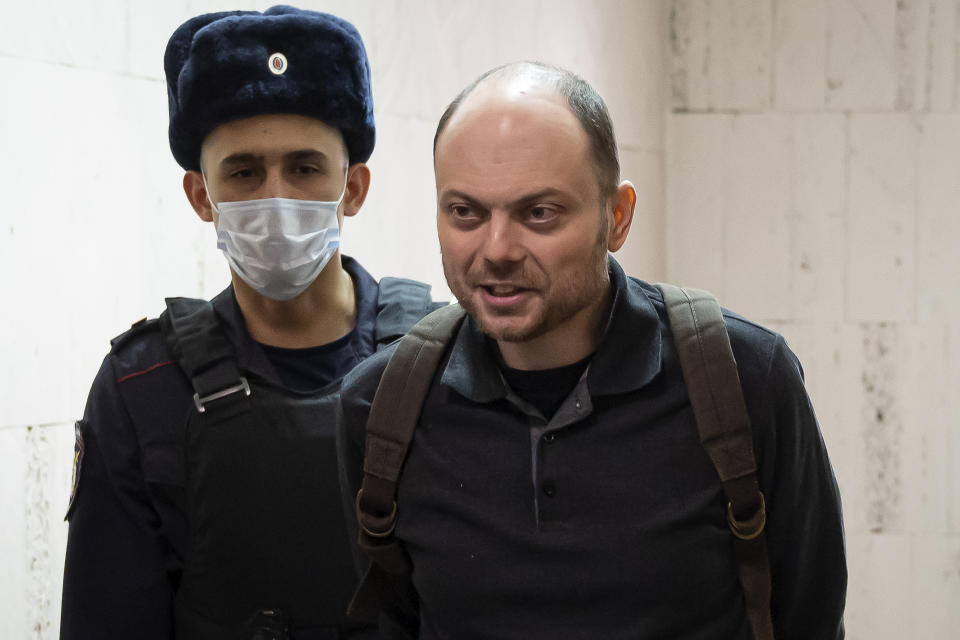 Russian opposition activist Vladimir Kara-Murza is escorted to a hearing in a court in Moscow, Russia, Wednesday, Feb. 8, 2023. Kara-Murza is in jail facing charges of spreading false information about the Russian military as part of a crackdown on the opposition during the war in Ukraine. (AP Photo, File)