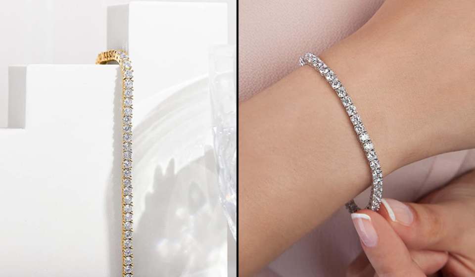 the yellow gold tennis bracelet / the white gold tennis bracelet on the wrist