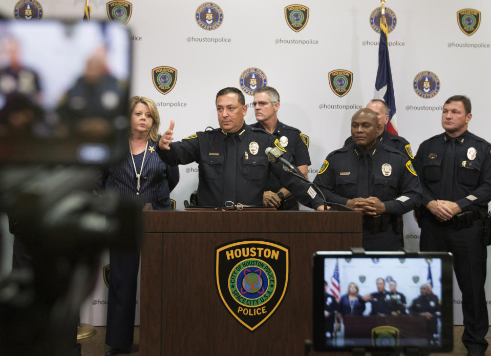 Houston Police Chief Art Acevedo speaks during a press conference, Friday, Sept. 13, 2019, in Houston. A Houston police officer was hospitalized in stable condition after he was shot in a struggle with a suspect who along with three others stole two vehicles and attempted to kill a priest in a crime spree that played out as Democratic presidential candidates debated just miles away, the city's police chief said Friday. (Yi-Chin Lee/Houston Chronicle via AP)