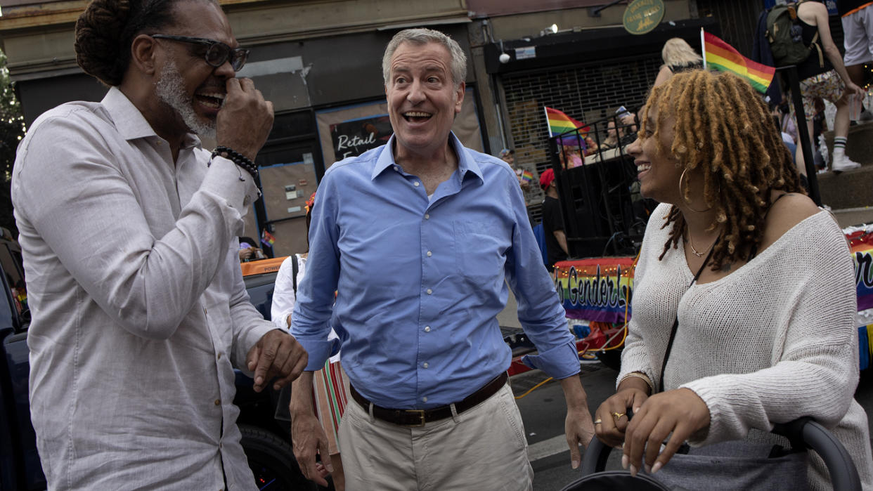 Former New York Mayor Bill de Blasio marches in the Brooklyn Pride Parade in Park Slope.