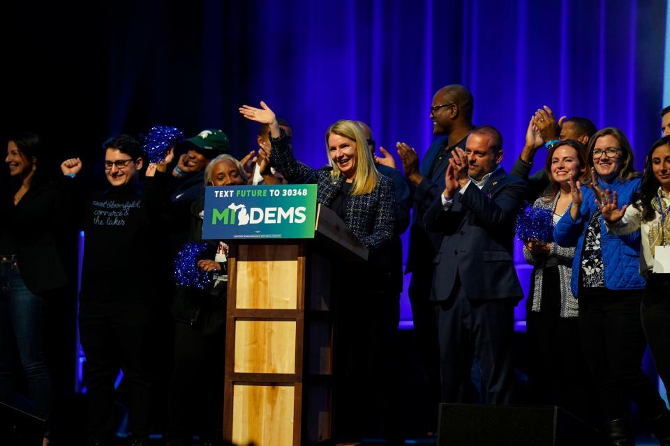 Democratic Senate House Caucus members take the stage during the Michigan Democratic watch party for the midterm elections at the Motor City Casino Sound Board in Detroit on Tuesday, Nov. 8, 2022.