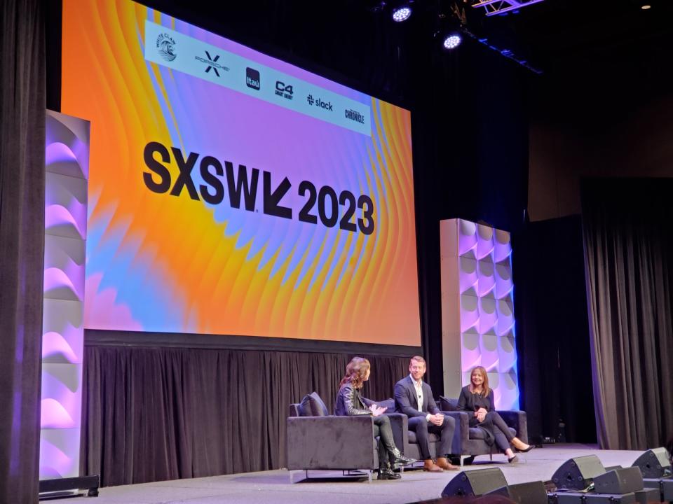 Left to right, Bloomberg producer Emily Change, Cruise CEO Kyle Vogt and GM Chair and CEO Mary Barra  discussed the future of autonomous vehicles at South by Southwest