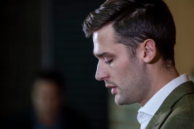 Port Moody Mayor Robert Vagramov speaks to media at Port Moody, B.C.'s city hall on Nov. 14, 2019, after the Crown stayed a charge of sexual assault against him. (Ben Nelms/CBC - image credit)