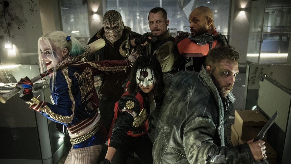  Harley Quinn, Deadshot, Captain Boomerang, Rick Flag, Katana and Killer Croc in Suicide Squad. 
