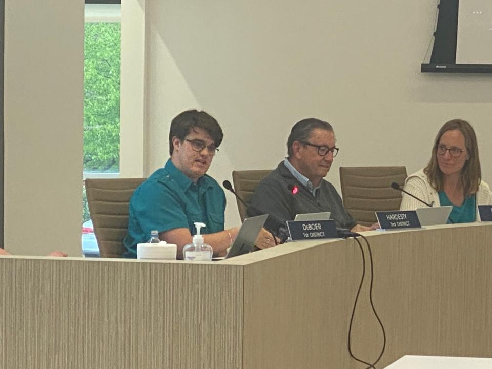 Council Member Ted Hardesty (far left) speaks at his last meeting serving on the West Lafayette City Council board at the May 2023 meeting.