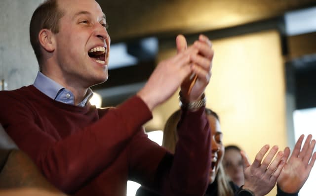 The Duke of Cambridge reacts as his team wins a table football match at an event promoting his Heads Up initiative which uses football to encourage men to speak about their issues. Frank Augstein/PA Wire