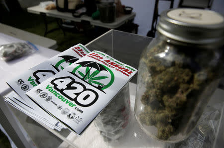 A program and a jar filled with marijuana buds are pictured at the annual 4/20 marijuana event at Sunset Beach in Vancouver, British Columbia, Canada April 20, 2017. REUTERS/Jason Redmond