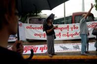 Reporters protest as they call on Myanmar government and military authorities to release reporters who were arrested in Yangon, Myanmar June 30, 2017. REUTERS/Soe Zeya Tun