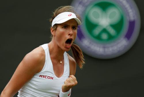 FILE PHOTO: Wimbledon - All England Lawn Tennis & Croquet Club<br>FILE PHOTO: Britain Tennis - Wimbledon - All England Lawn Tennis & Croquet Club, Wimbledon, England - 28/6/16 Great Britain's Johanna Konta celebrates winning the  first set against Puerto Rico's Monica Puig REUTERS/Paul Childs/File Photo