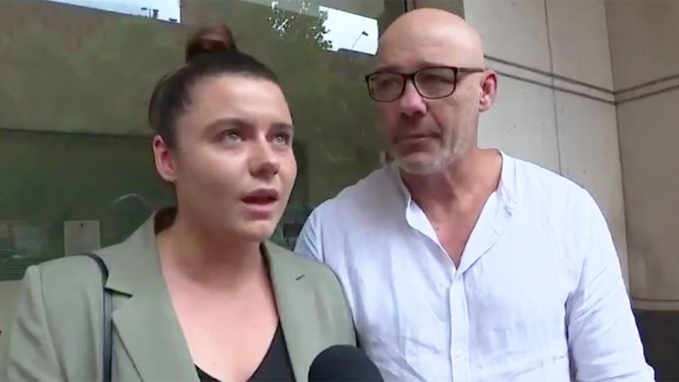 Montanna Geyer and her father Mark are seen here addressing reporters outside court.