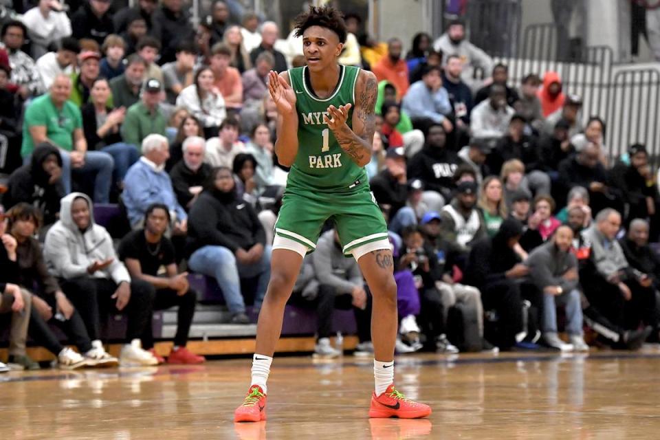Myers Park’s Sadiq White Jr. (1) reacts to a play against Garner in the second half. The Myers Park Mustangs and the Garner Trojans met in the John Wall Holiday Invitational in Raleigh, N.C. on December 27, 2023.