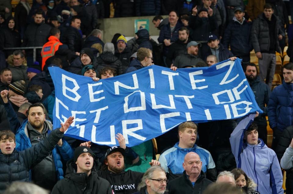 Everton fans hold a protest banner against manager Rafael Benitez (Joe Giddens/PA) (PA Wire)