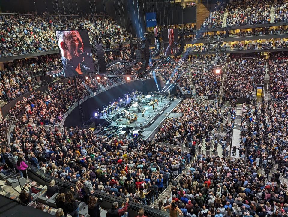 Bruce Springsteen and The E Street Band played just the second date of its 2023 tour for a full house at Atlanta's State Farm Arena Friday Feb. 3. The on-stage lineup included five horn players (including saxophonist Jake Clemons, who joined in 2012, shortly after the death of his uncle, Clarence "The Big Man" Clemons), four background singers, percussionist Anthony Almonte, and other longtime band members Soozie Tyrell, violin; Nils Lofgren, guitar; Little Steven Van Zandt, guitar; Max Weinberg, drums; Charles Giordano, keyboards and accordion; Roy Bittan, piano; and Garry Tallent on bass, aside from Springsteen, the only one who's been in the E Street Band since the beginning, in the early 1970s.
