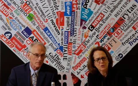 Phil Saviano, a victim of clerical sex abuse, and Anne Barrett Doyle, co-director of Bishop Accountability, speaking to the media in Rome - Credit: Alessandra Tarantino/AP