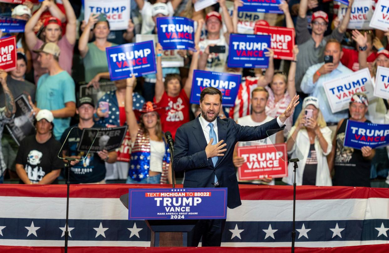 Vice-presidential nominee JD Vance speaks to thousands during a rally at the Van Andel Arena in Grand Rapids on Saturday, July 20, 2024.