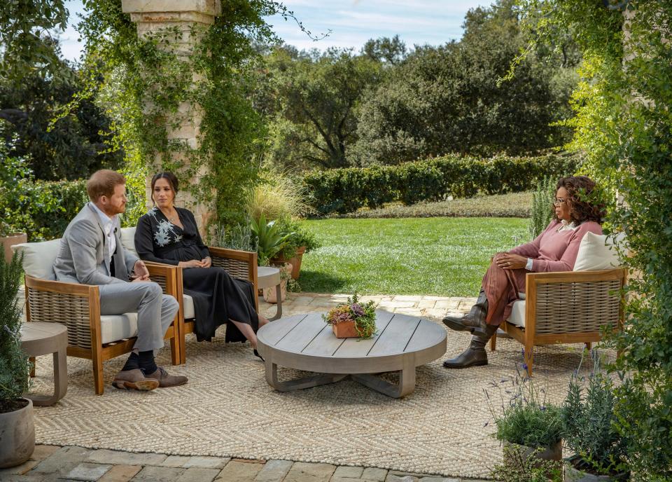 Prince Harry Duchess Meghan of Sussex talk to Oprah Winfrey in interview broadcast March 7, 2021.