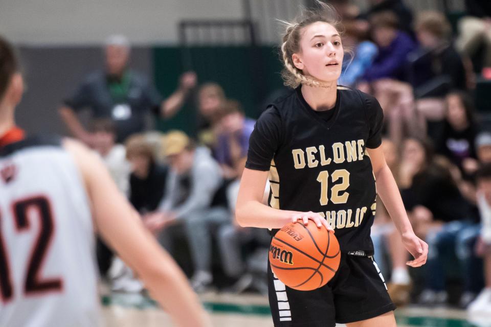 Delone Catholic's Ella Hughes dribbles the ball during a YAIAA girls' semifinal game against Central York at York Tech, Wednesday, Feb. 15, 2023, in York Township. The Panthers won, 38-29.