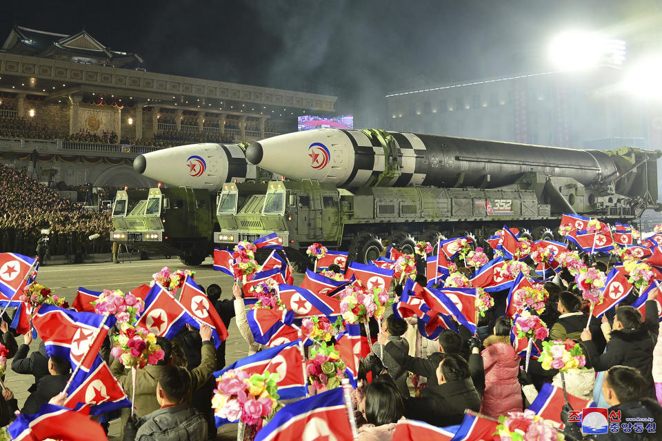 FILE - This photo provided by the North Korean government, shows what it says is Hwasong-17 intercontinental ballistic missiles during a military parade to mark the 75th founding anniversary of the Korean People's Army on Kim Il Sung Square in Pyongyang, North Korea on , Feb. 8, 2023. Independent journalists were not given access to cover the event depicted in this image distributed by the North Korean government. The content of this image is as provided and cannot be independently verified. Korean language watermark on image as provided by source reads: "KCNA" which is the abbreviation for Korean Central News Agency. (Korean Central News Agency/Korea News Service via AP, File)