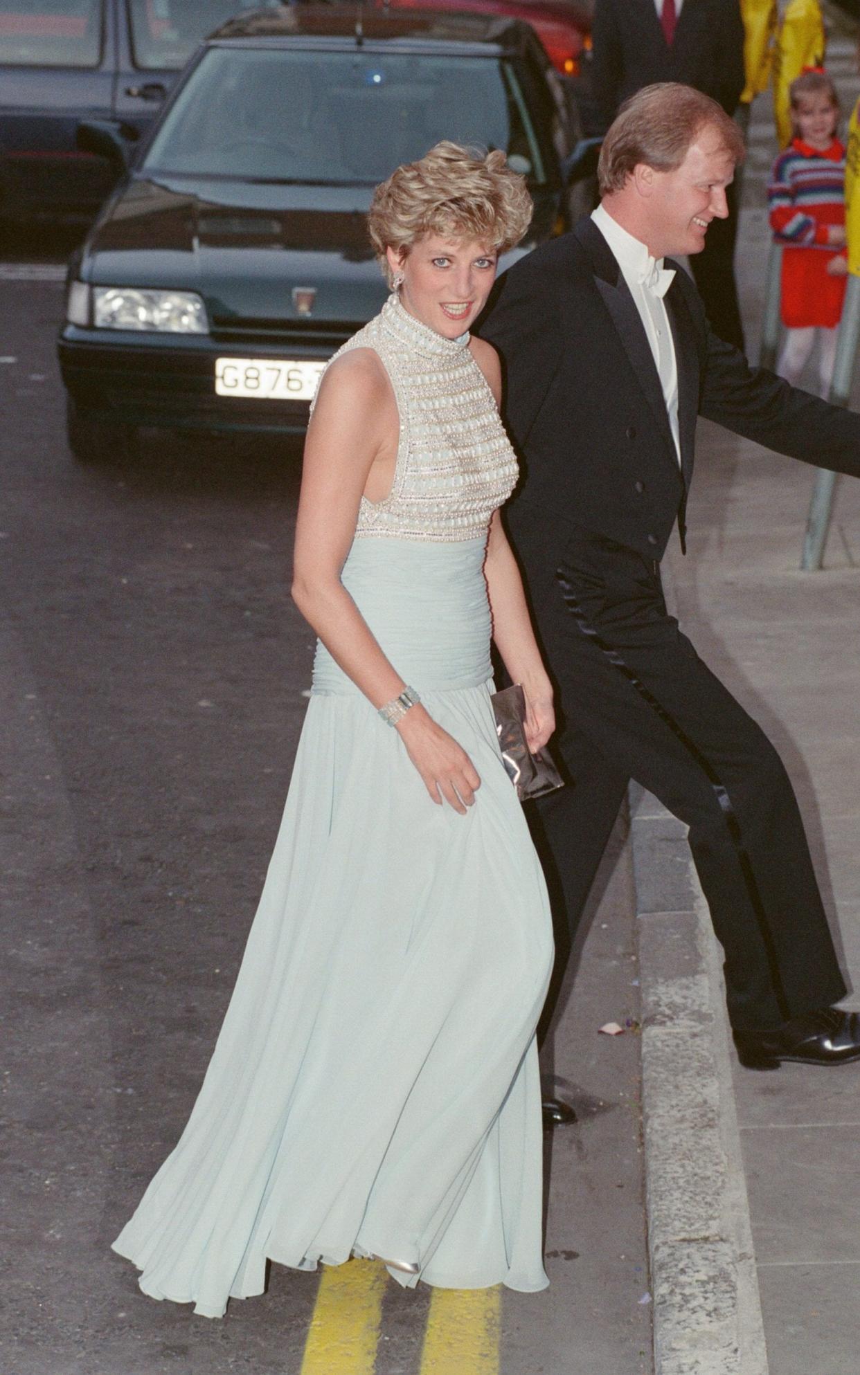 Princess Diana in a pale chiffon halterneck gown in London, 1992