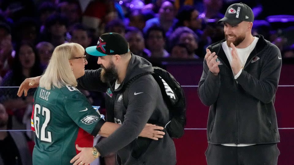 (From left) Donna Kelce, Jason Kelce and Travis Kelce at the 2023 Super Bowl Opening Night ceremony in Phoenix. - Cheryl Evans/USA Today Network/Reuters