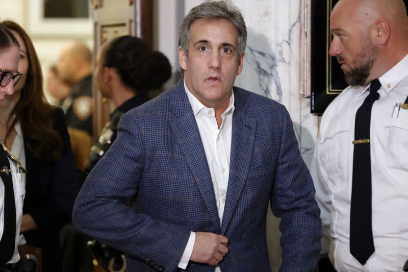 Michael Cohen, Donald Trump's former lawyer, exits for a break after testifying against the former president in week 4 of Trump's civil fraud trial at State Supreme Court on Tuesday in New York City. Photo by John Angelillo/UPI