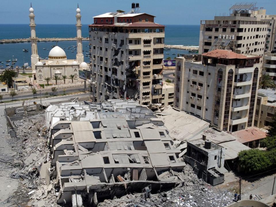 An aerial view of a destroyed tower block by the coast in Gaza City, May 12 2021.