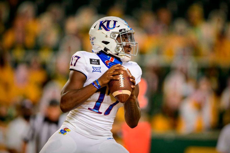 Kansas quarterback Jalon Daniels (17) in action during the first start of his collegiate career, on Sept. 26, 2020, against the Baylor Bears at McLane Stadium in Waco, Texas.