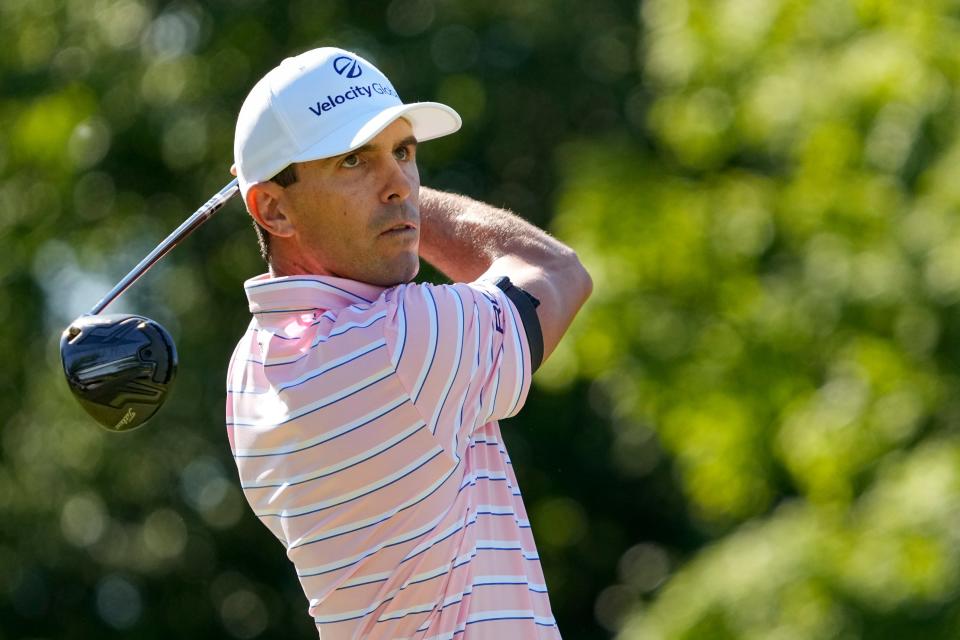 Jun 4, 2022; Dublin, Ohio, USA; Billy Horschel tees off on 18 during the third round of the Memorial Tournament at Muirfield Village Golf Club. Mandatory Credit: Adam Cairns-The Columbus Dispatch