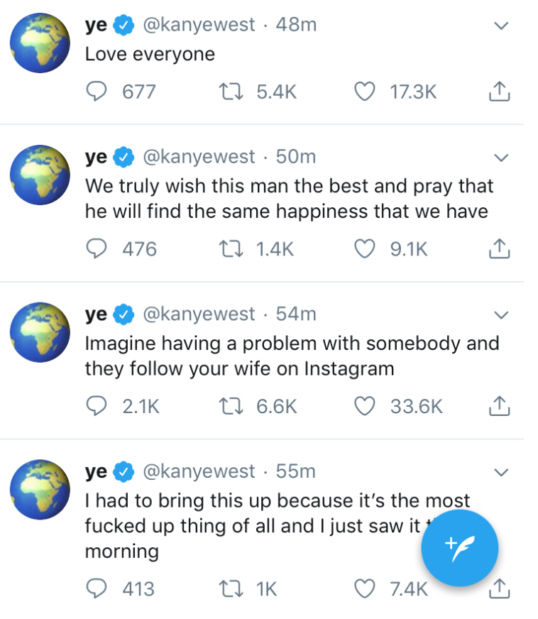 Kanye West has since deleted his tweets about Drake. (Photo: Kanye West via Twitter)