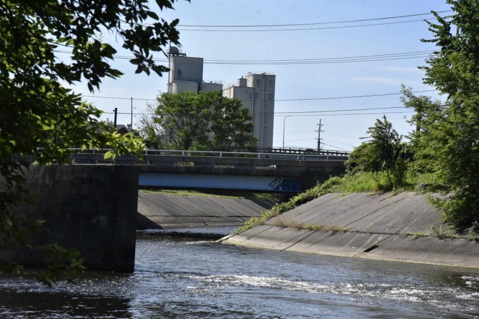The convergence of the Kalamazoo River and the Battle Creek River is pictured on Friday, July 22, 2022, in Battle Creek. The city is exploring ways to naturalize the concrete channel.