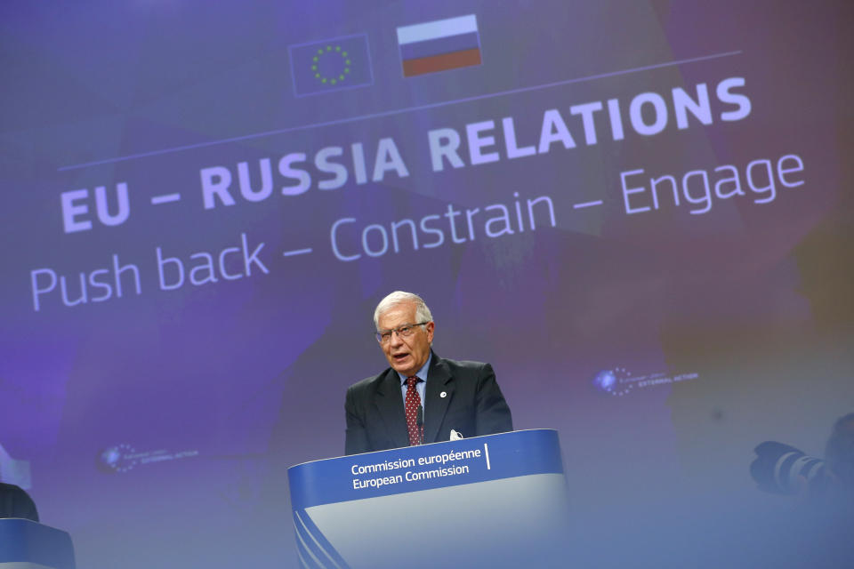 European Union foreign policy chief Josep Borrell speaks during a news conference at the European Commission headquarters in Brussels, Wednesday, June 16, 2021. Borrell unveiled a new set of proposals for the EU to deal with an increasingly authoritarian Russia, and his report will be discussed by the bloc's leaders at a summit next week. (Johanna Geron/Pool Photo via AP)