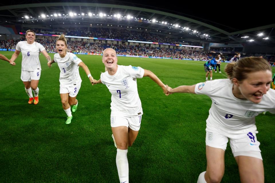 England wildly celebrated their quarter-final victory over Spain (The FA via Getty Images)