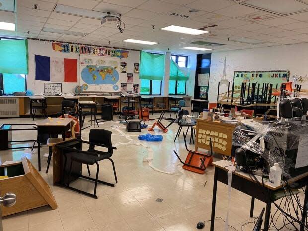 The Cape Breton-Victoria Centre for Education says a student prank went too far, leaving a big mess for staff. Students disagree, saying they cleaned up.  (Submitted by Evony Robertson - image credit)