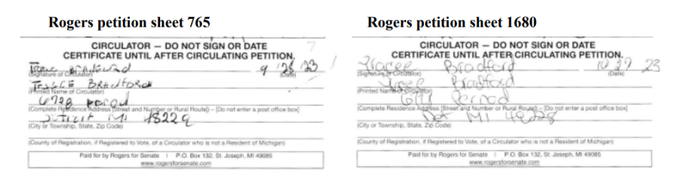 Nominating petition sheets for Mike Rogers, submitted by MDP as an example in the complaint to the Board of Canvassers. (Image/Michigan Democratic Party)