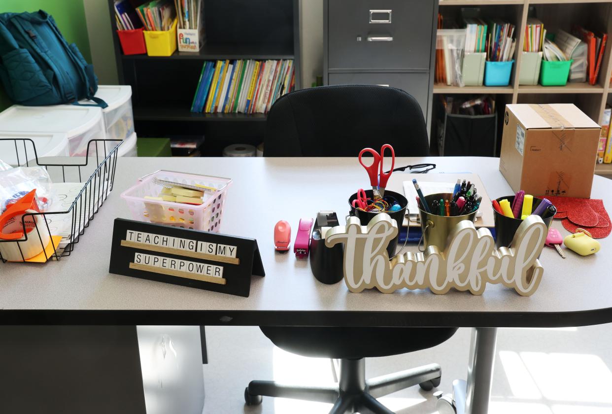 A teacher's desk stands ready for the first day of school Friday at the new South Pointe Elementary School south of Winter Haven.