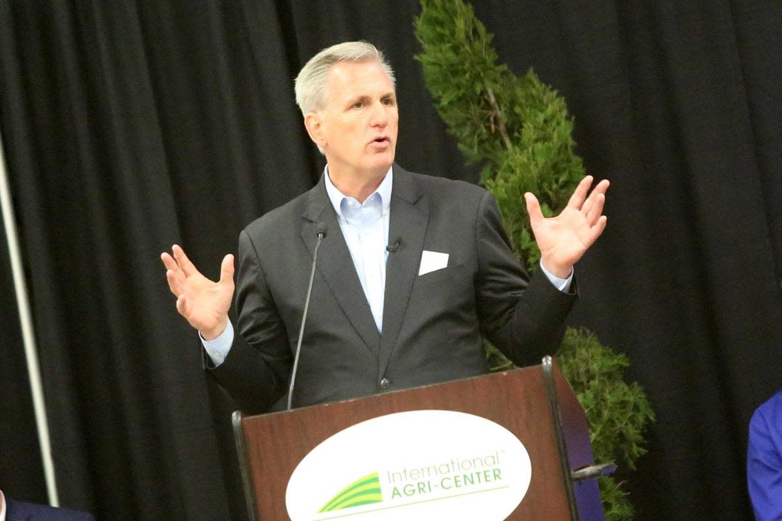 Speaker of the House, Republican Kevin McCarthy of Bakersfield, gives a keynote speech during the opening ceremonies to kick off the 2023 World Ag Expo in Tulare on Tuesday, Feb. 14, 2023.