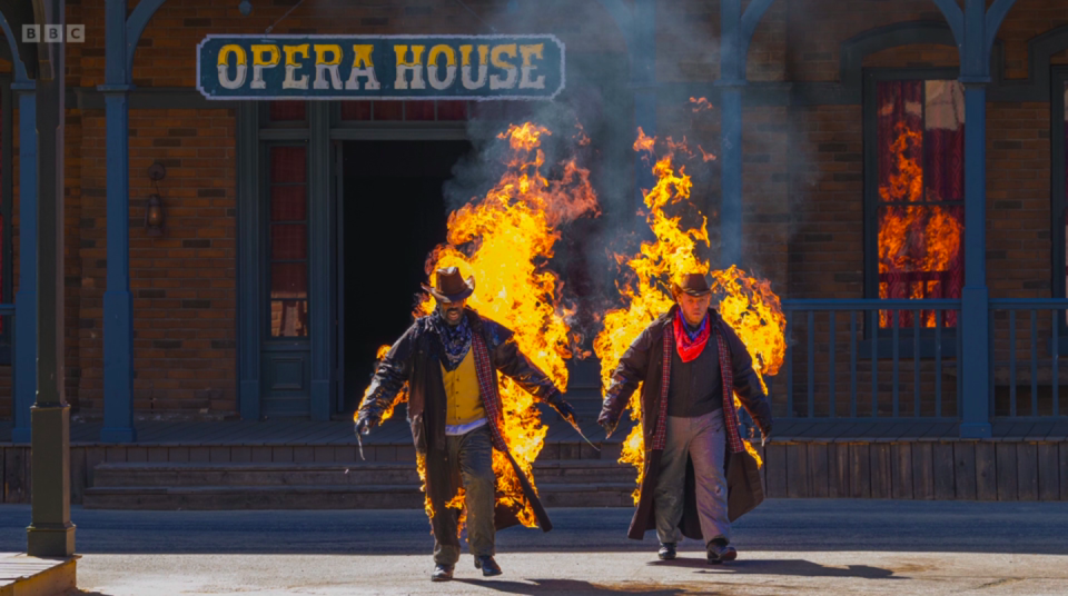 A fiery Romesh and Rob Beckett giving stunt work a go. (BBC screenshot/Sky)