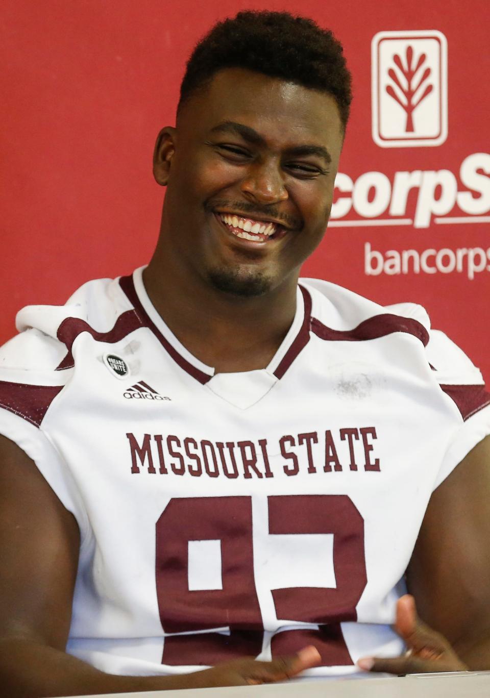 Missouri State football's Eric Johnson speaks during media day on Aug. 7.