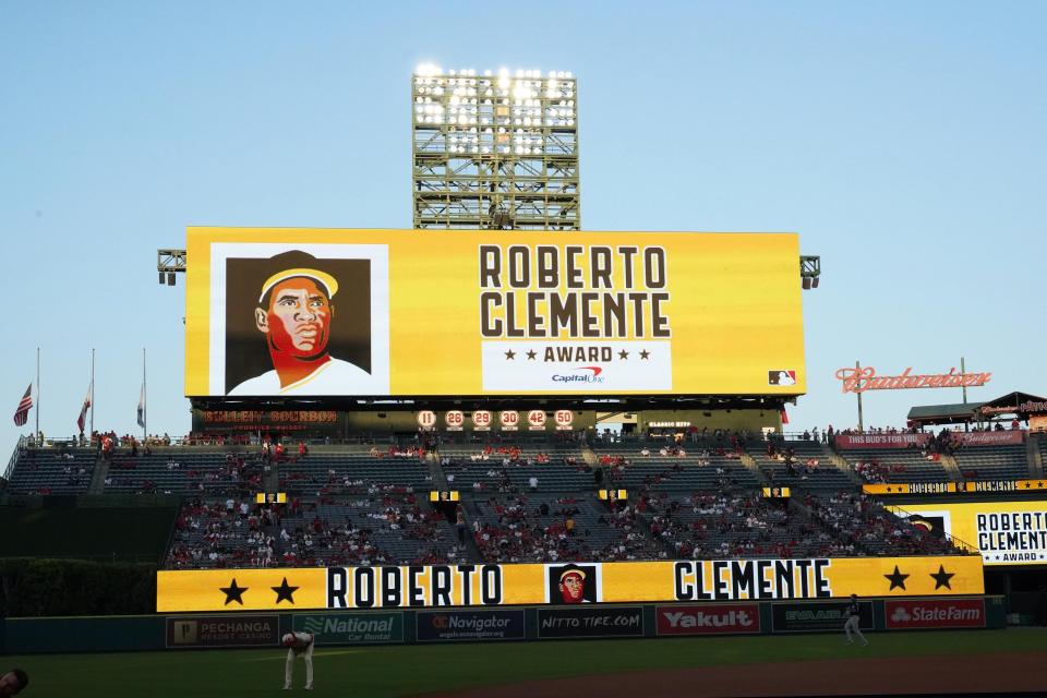 Roberto Clemente is recognized on the video board during a game between the Los Angeles Angels and Seattle Mariners at Angel Stadium this month.