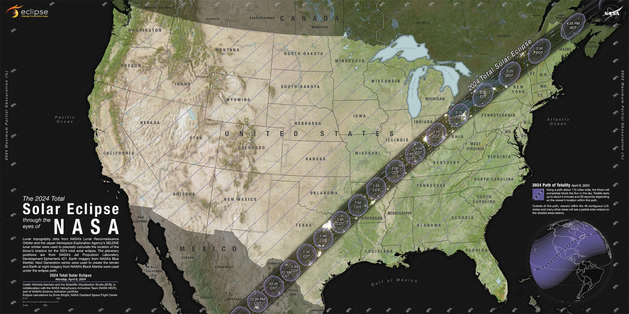 More than 31 million people live in the path of totality and will be able to see the moon block out the sun during the solar eclipse on April 8, NASA says. (Courtesy NASA Scientific Visualization Studio)