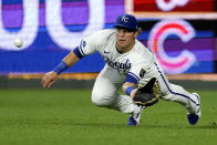 Kansas City Royals right fielder Nate Eaton catches a fly ball for the out on Chicago White Sox's Lenyn Sosa during the seventh inning of the second game of a baseball doubleheader Tuesday, Aug. 9, 2022, in Kansas City, Mo. (AP Photo/Charlie Riedel)