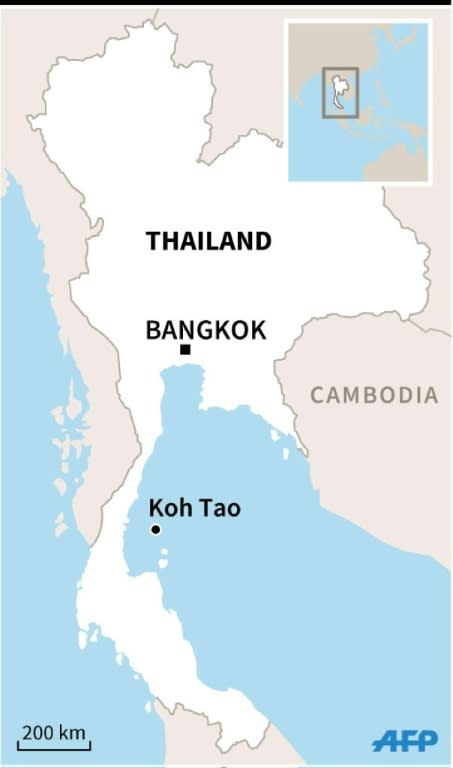 Map of Thailand locating the island of Koh Tao, where the battered bodies of a pair of British backpackers were found on a beach on September 15, 2014. 45 x 76 mm