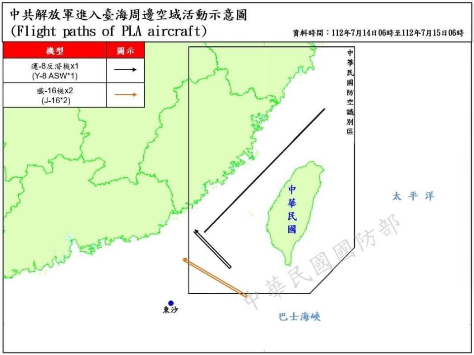 國防部公布，15架次共機擾台，其中3架次侵擾我西南空域。   圖/國防部