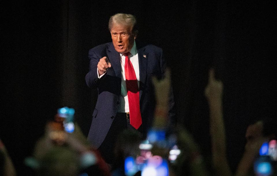 Former President Donald Trump greets supporters at the Palm Beach County Convention Center in West Palm Beach, Florida on October 11, 2023.