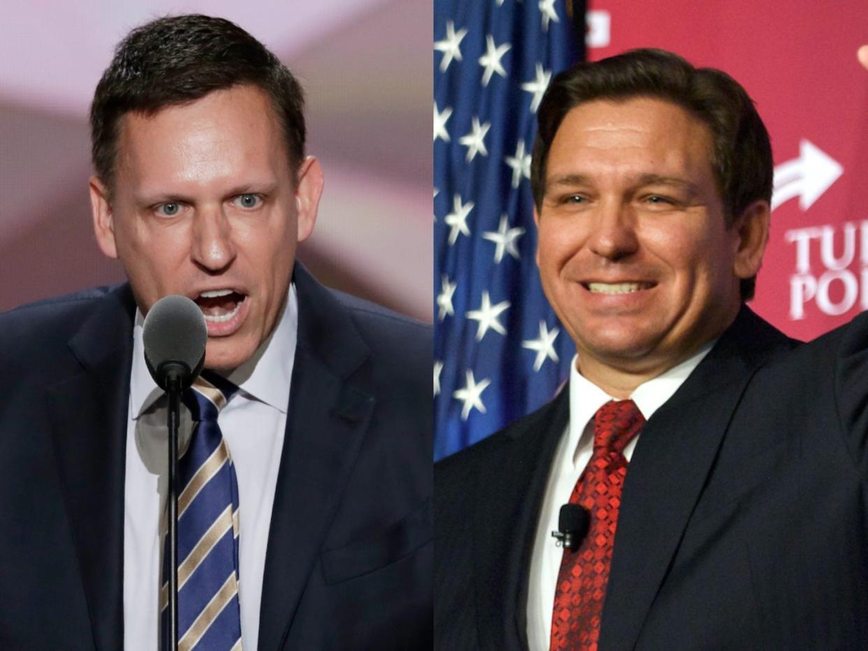 Billionaire investor Peter Thiel (L) praised Florida Gov. Ron DeSantis (R) in a speech at the National Conservatism Conference.