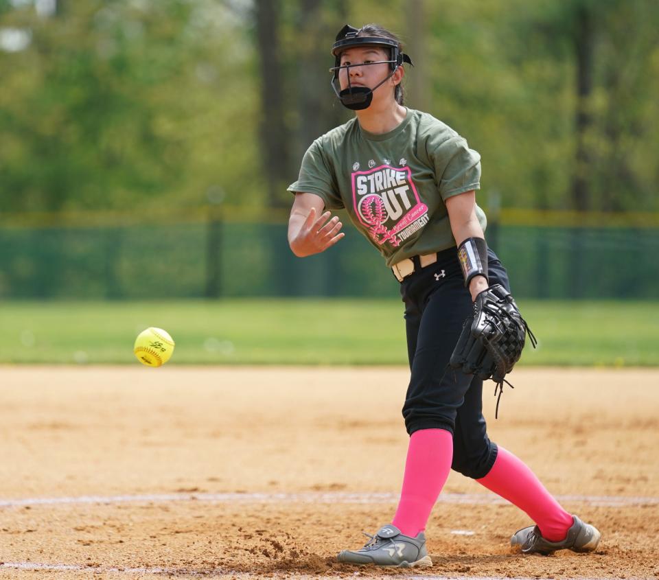 Hastings pitcher Catie Cho delivers a pitch as they take on Ardsley in the championship game of the Rivertowns Breast Cancer Softball Tournament held at Ardsley High School on Saturday, April 22, 2023.