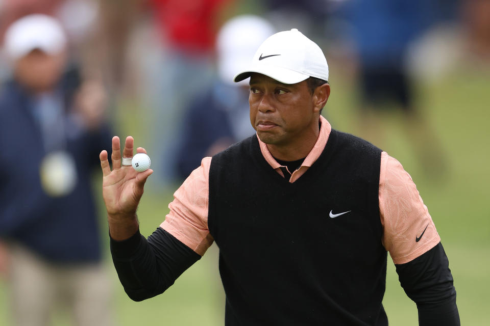 TULSA, OKLAHOMA - MAY 21: Tiger Woods of the United States reacts to his putt during the third round of the 2022 PGA Championship at Southern Hills Country Club on May 21, 2022 in Tulsa, Oklahoma. (Photo by Christian Petersen/Getty Images)