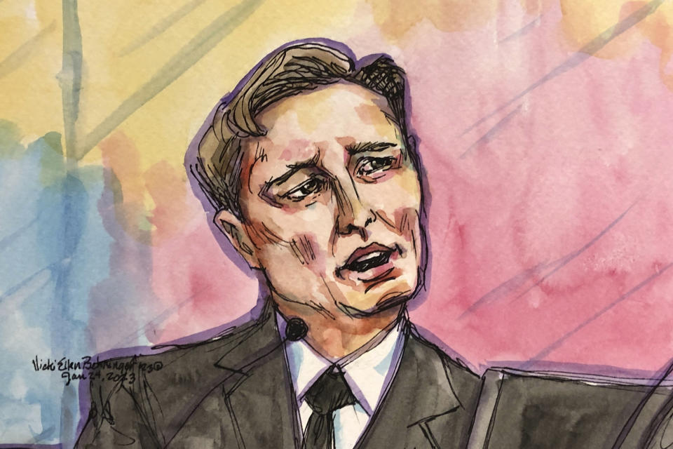 In this courtroom sketch, Elon Musk appears in federal court in San Francisco, Tuesday, Jan. 24, 2023. Musk returned to the stand for a third day in a class-action lawsuit brought by Tesla investors who allege he misled them with a tweet about a deal that never happened, testifying that his intent had been to let his shareholders know he was considering a buyout. (Vicki Behringer via AP)