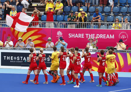 Hockey - Gold Coast 2018 Commonwealth Games - Women's Bronze Medal Match - England v India - Gold Coast Hockey Centre - Gold Coast, Australia - April 14, 2018. England players celebrate after winning the match. REUTERS/David Gray